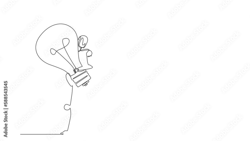Poster self drawing animation of single line draw robot carrying big lightbulb. future technology developme