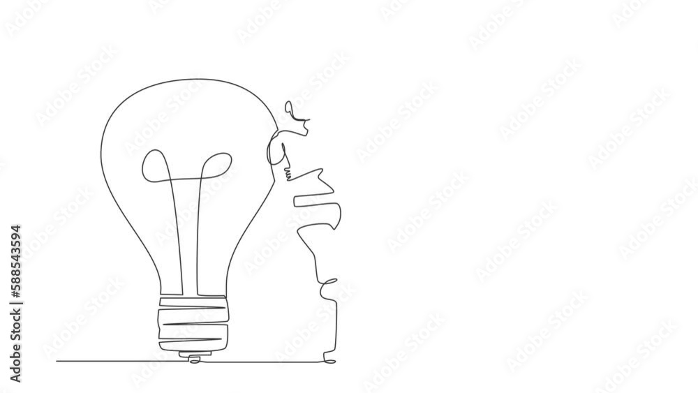 Poster self drawing animation of single one line draw robot lean on giant light bulb. future development. a