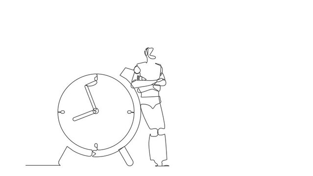 Self drawing animation of single one line draw robots lean on huge alarm clock. Modern robotics artificial intelligence technology. Electronic technology. Continuous line draw. Full length animated