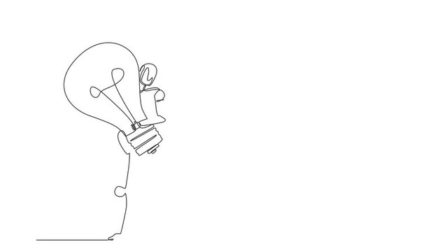 Self drawing animation of single line draw robot carrying big lightbulb. Future technology development. Artificial intelligence and machine learning process. Continuous line draw. Full length animated