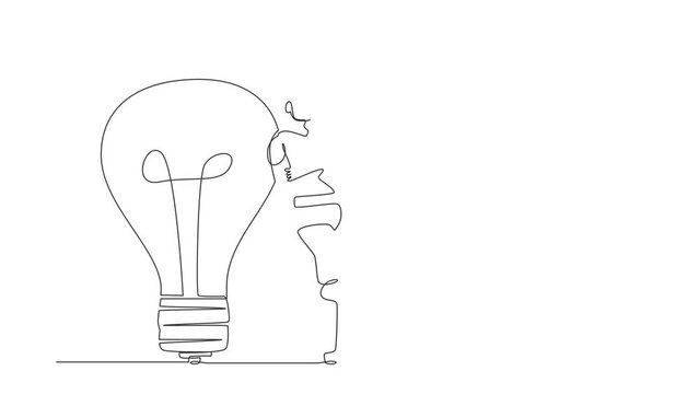 Self drawing animation of single one line draw robot lean on giant light bulb. Future development. Artificial intelligence and machine learning process. Continuous line draw. Full length animated