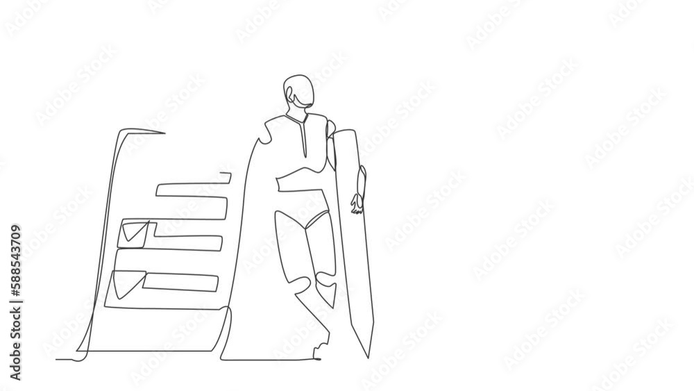 Poster animated self drawing of continuous line draw robots holding big pencil lean on clipboard. modern ro