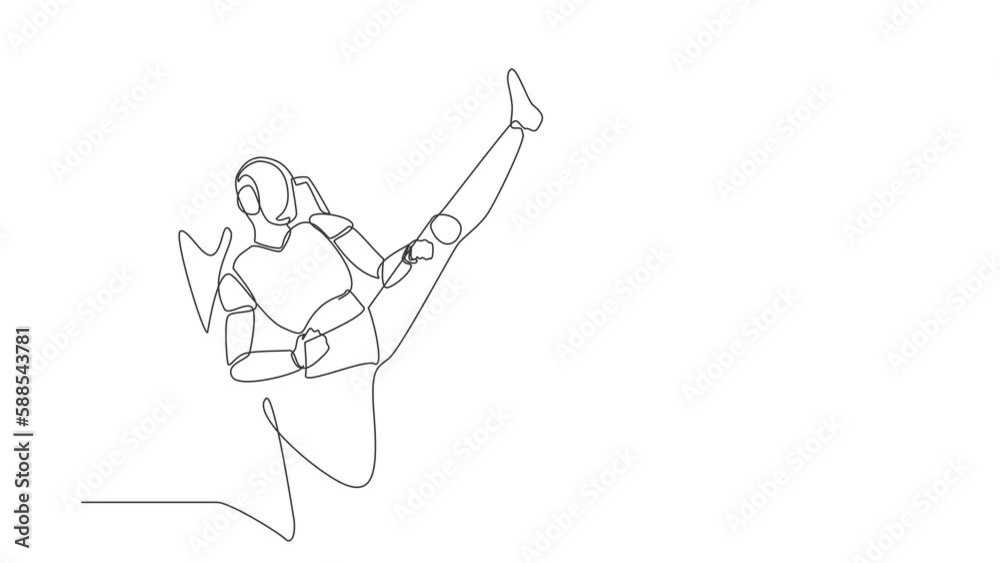 Poster animated self drawing of continuous line draw robots come out from cellular phone with kicking pose.
