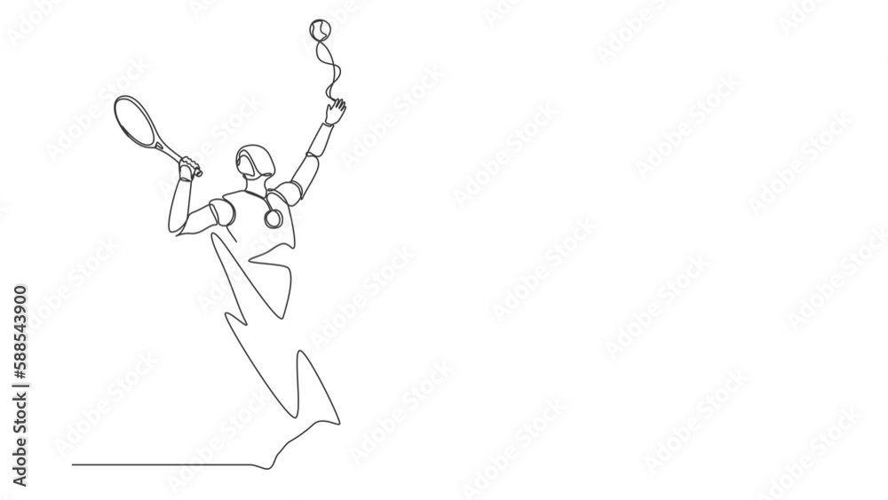 Poster self drawing animation of single line draw robot come out from cellular phone, serve tennis ball wit