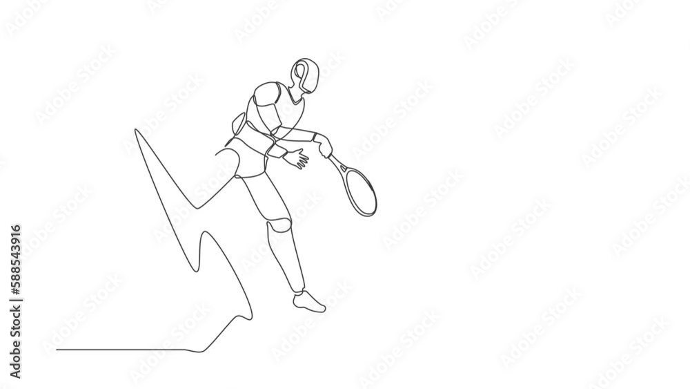 Poster animated self drawing of continuous line draw robot come out from cellular phone doing jump smash wi