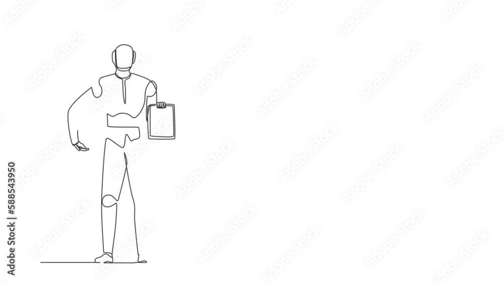 Poster animated self drawing of continuous line draw robot holding boxes clipboard with documents. modern r