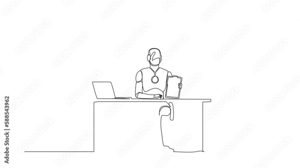 Poster animated self drawing of continuous one line draw robots sitting near office desk showing clipboard.