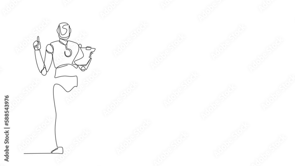 Poster animated self drawing of continuous line draw robots holding clipboard and pointing index finger up.