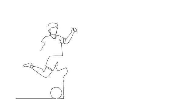 Self drawing animation of single line draw disabled athlete playing football. Disability player with leg prosthesis. Competition. Disabled sport training. Continuous line draw. Full length animated