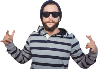 Hipster showing rock and roll hand sign