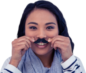 Pretty Asian woman with fake mustache posing for camera