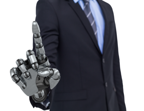 Graphic image of businessman with robotic hand