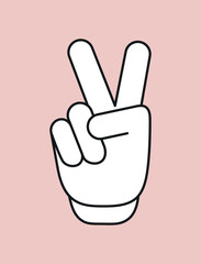 Retro cheerful gesture concept. Hand in white glove shows two fingers. Emotions and feelings. Sticker for social networks and reaction for messengers. Cartoon flat vector illustration