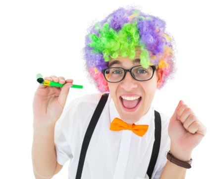 Geeky hipster wearing a rainbow wig holding party horn - Powered by Adobe