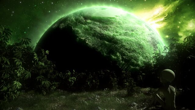 Alien Smoking weed chilling among cannabis plants trippy Planet watching green enviroment Psychedelic vibes getting high 420 Space gazing