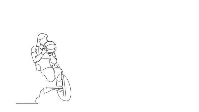 Animated self drawing of continuous line draw athlete in wheelchair play basketball. Woman training for game, sport for invalid person. Accessibility and diversity. Full length single line animation