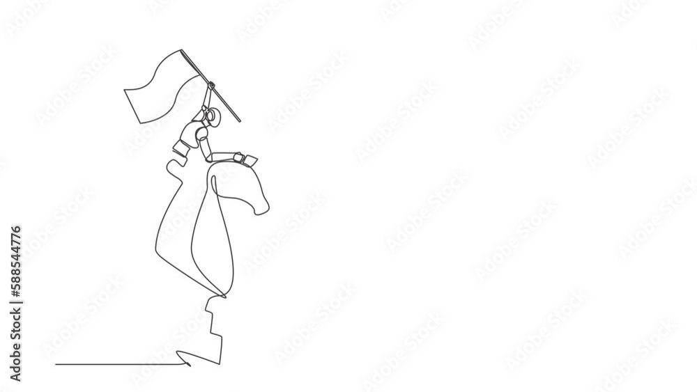 Poster self drawing animation of single line draw robot standing on top of big horse knight chess waving fl
