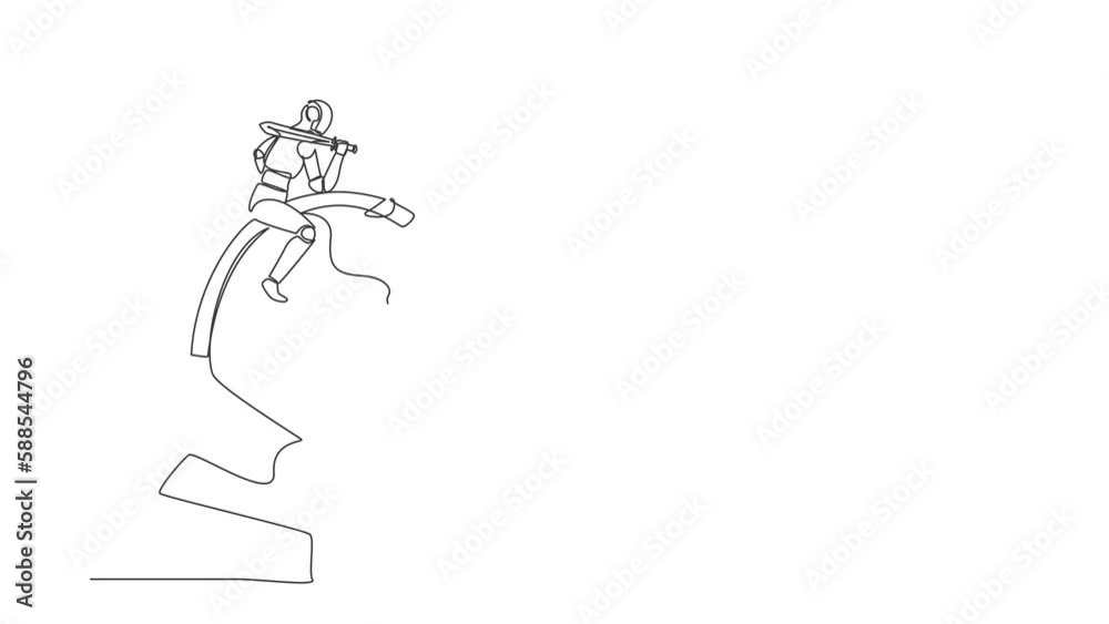 Poster animated self drawing of continuous line draw robots riding big chess horse knight with sword. moder