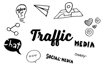 Traffic text surrounded by various icons