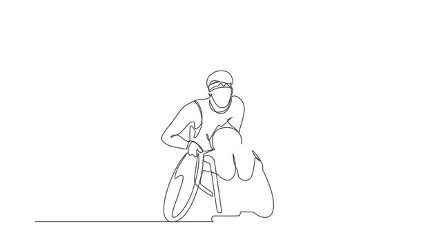 Animated self drawing of continuous one line draw sportsman play rugby on wheelchair competition. Disabled rugby player in wheelchair. Athlete with physical disorder. Full length single line animation