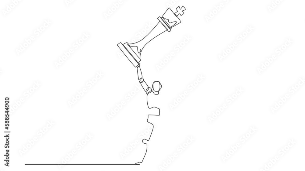 Poster animated self drawing of continuous line draw robot standing and lifting up king chess piece. humano