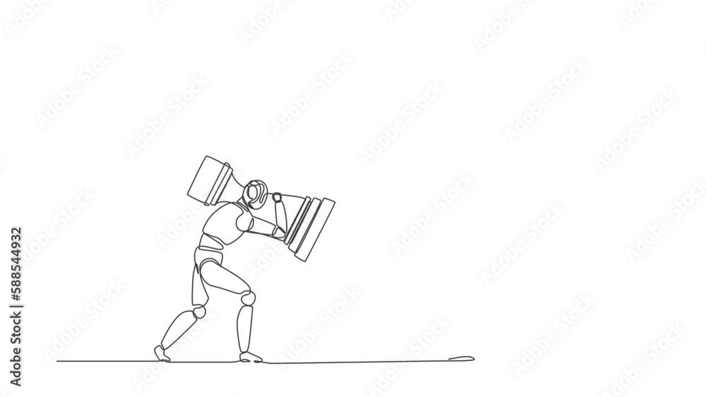Poster self drawing animation of single line draw robot holding rook chess piece to beat king chess. future