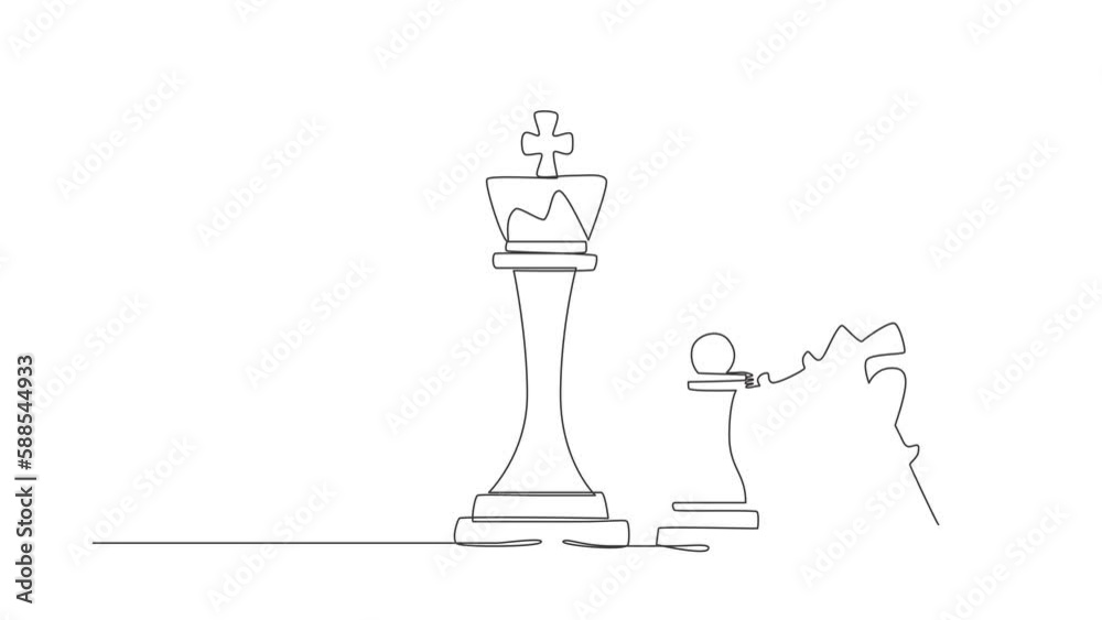 Poster animated self drawing of continuous line draw robots push pawn chess piece to take down king. modern