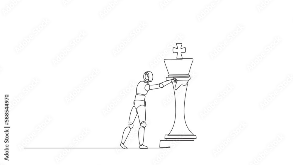 Poster self drawing animation of single one line draw robot push huge king chess piece to take down other k