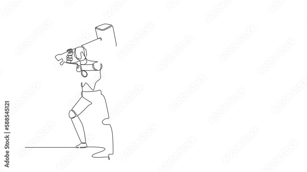 Poster animated self drawing of continuous line draw robot standing and swinging big hammer gesture. humano