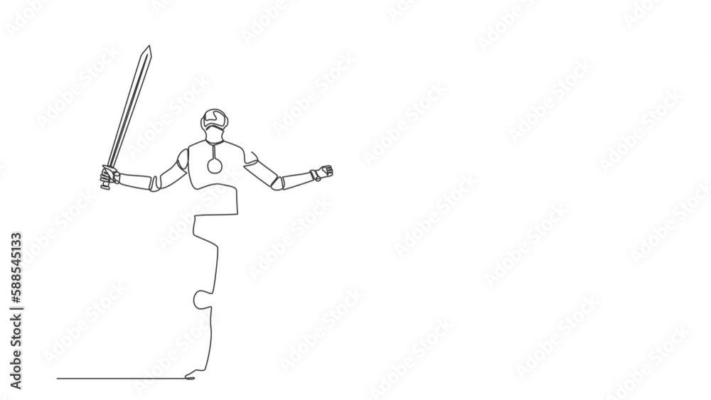 Poster animated self drawing of continuous one line draw robots standing and lifting up big sword. humanoid