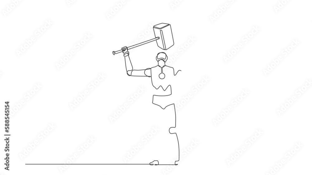 Poster self drawing animation of single line draw robot standing lifting up big hammer. future technology d