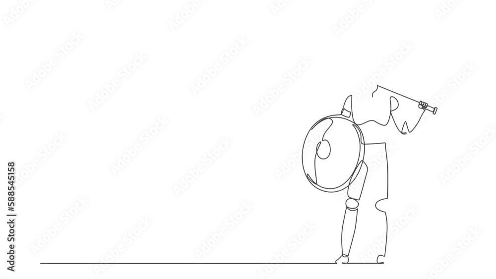 Poster self drawing animation of single line draw robot standing holding axe and shield. future technology 