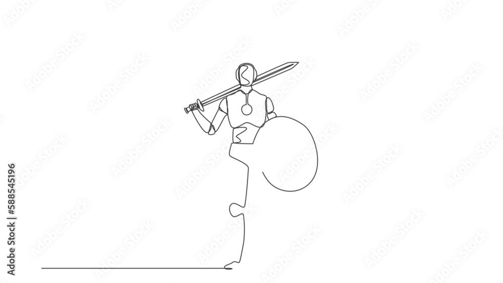 Poster animated self drawing of continuous line draw robots standing holding sword shield. modern robotics 