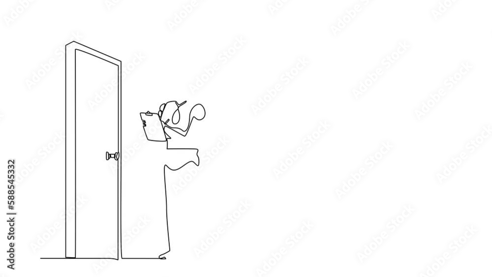 Poster animated self drawing of continuous line draw robots standing in front of door and writing on clipbo