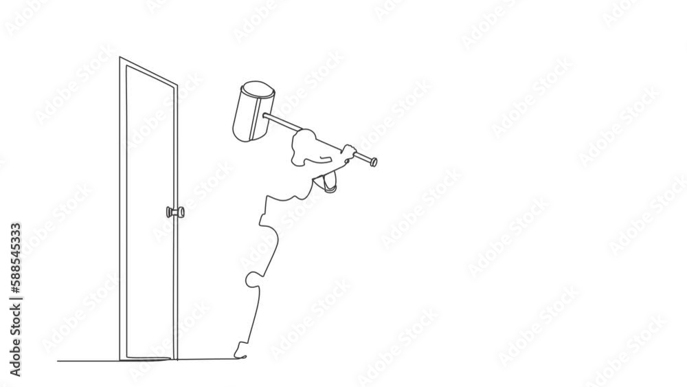 Poster animated self drawing of continuous line draw robot holding large hammer to destroying door. future 