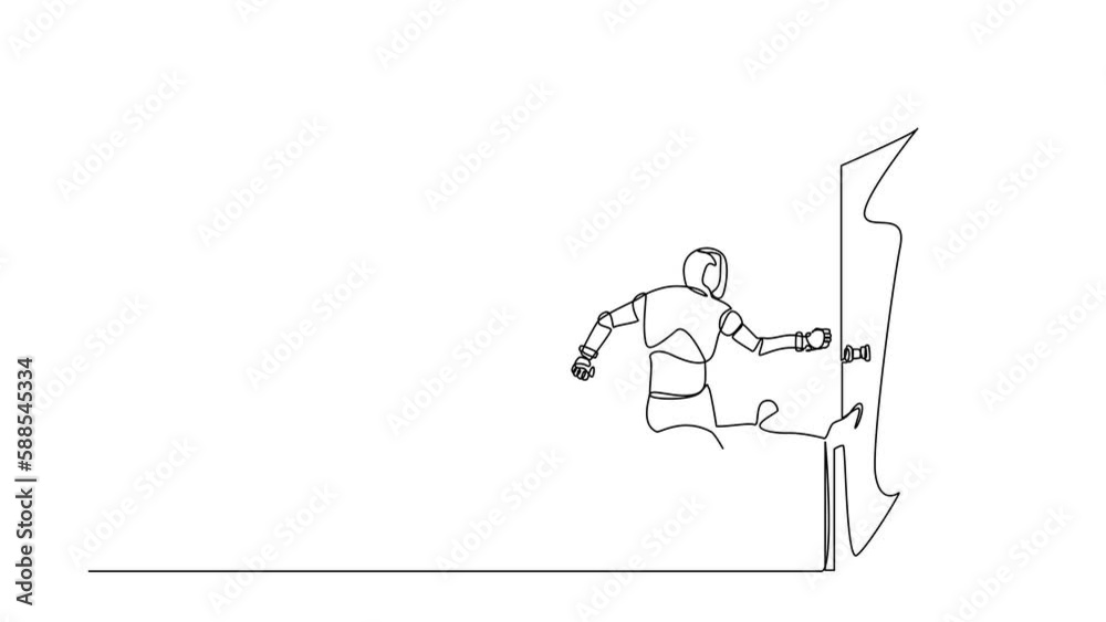 Poster animated self drawing of continuous line draw robots standing kicks closed door with his leg. humano
