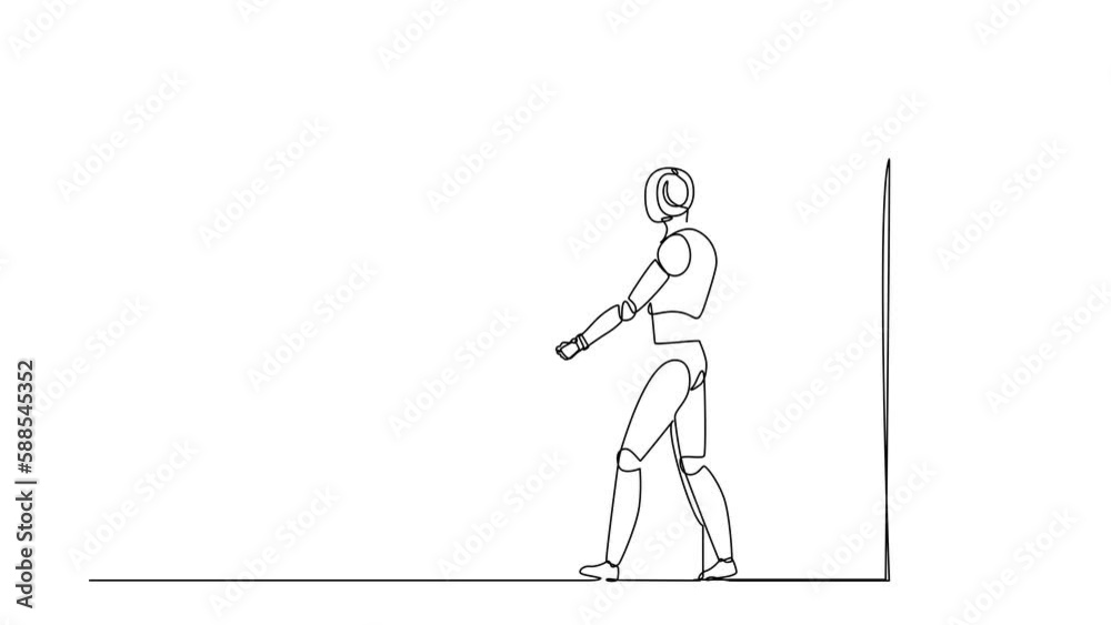 Poster animated self drawing of continuous line draw robots walking out and leaving office door. robotics a