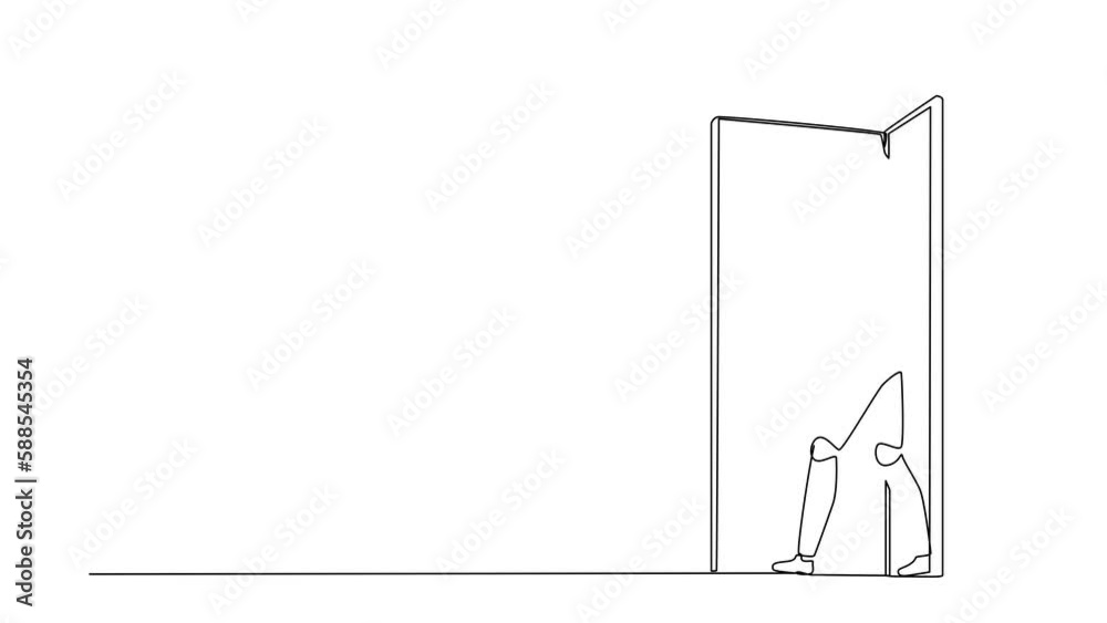 Poster self drawing animation of single line draw robot walking out through an open door. future technology