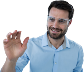Man wearing protective eyewear pretending to touch invisible object