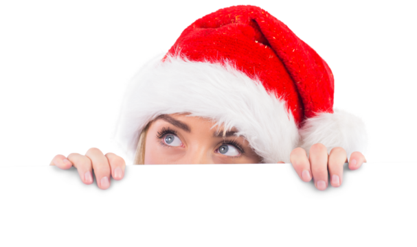 Festive blonde showing large poster 