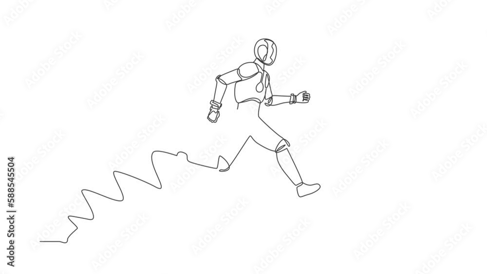 Poster animated self drawing of continuous line draw robot jumping through the hole, metaphor to facing big