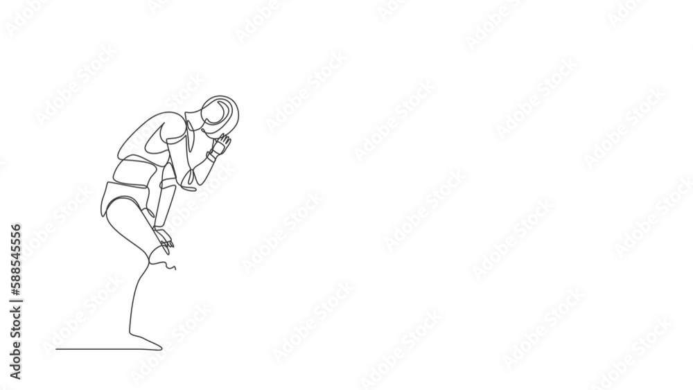 Poster animated self drawing of continuous line draw robot standing wondering, looking at big hole. humanoi