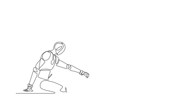Self drawing animation of single line draw robot descends into the hole. Future technology development. Artificial intelligence and machine learning processes. Continuous line. Full length animated