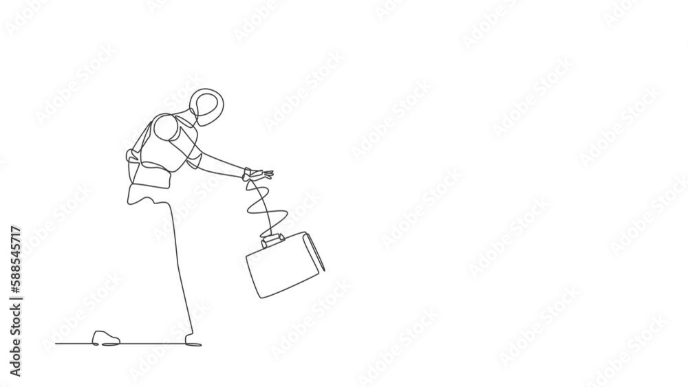Poster self drawing animation of single one line draw robot throws briefcase into hole. future technology d
