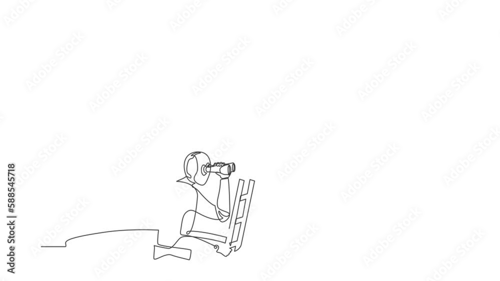 Poster animated self drawing of continuous line draw robot climbs out of the hole by ladder using binocular