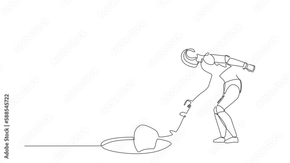 Poster animated self drawing of continuous one line draw robot helping his friend by take him out from hole