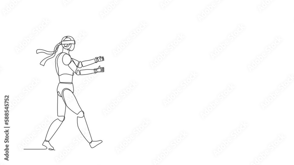 Poster animated self drawing of continuous line draw robot runs to business trap. blind investment. humanoi