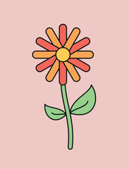 Retro flower concept. Plant with red and orange petals. Symbol of spring and summer time of year. Floristry and botany. Vintage social media sticker. Cartoon flat vector illustration