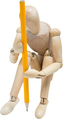 3d image of tensed wooden figurine with pencil sitting
