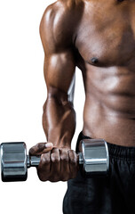 Fototapeta na wymiar Cropped image of muscular man exercising with dumbbell